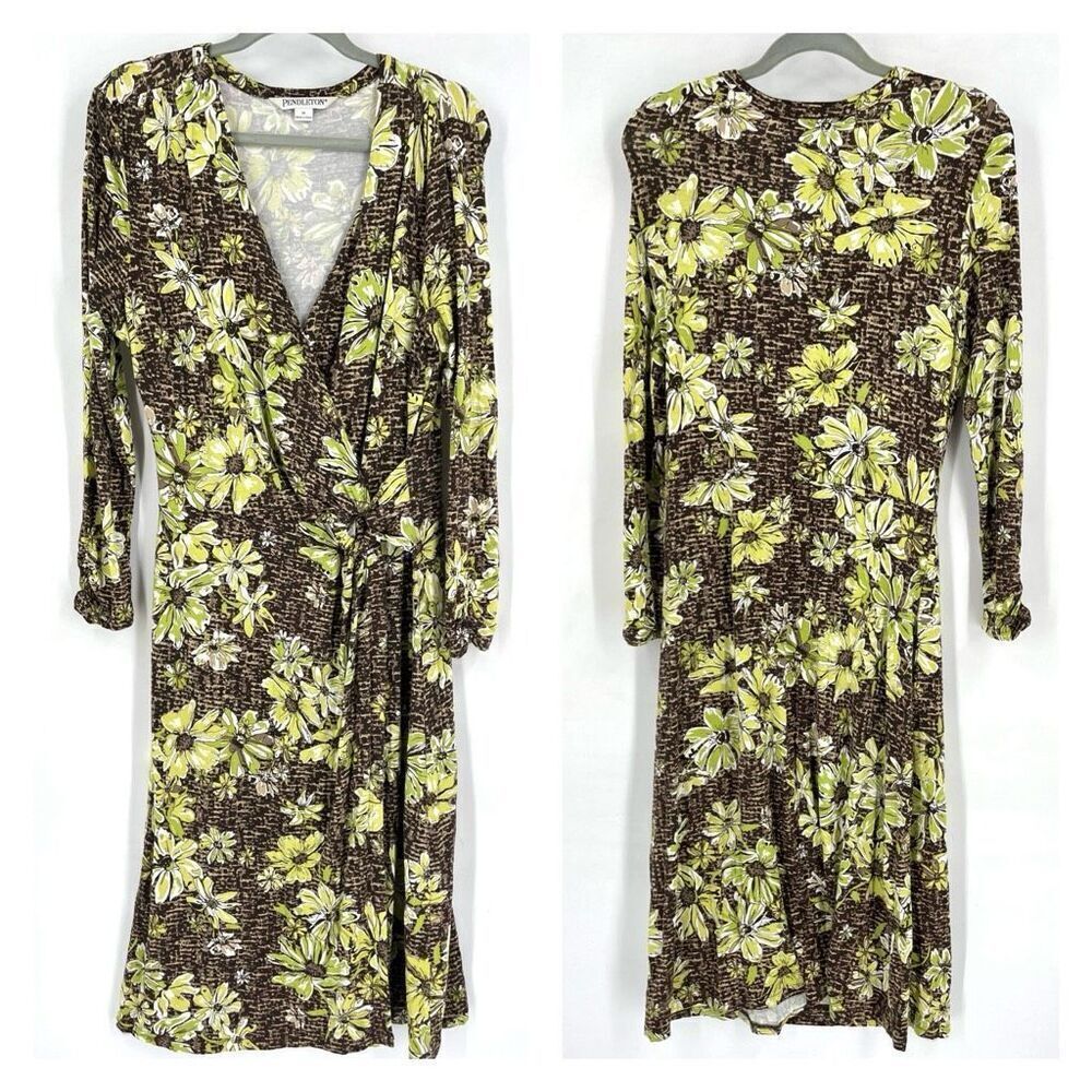 Pendleton Womens Floral Knit Long Sleeve Faux Wrap Midi Dress Brown Green Medium